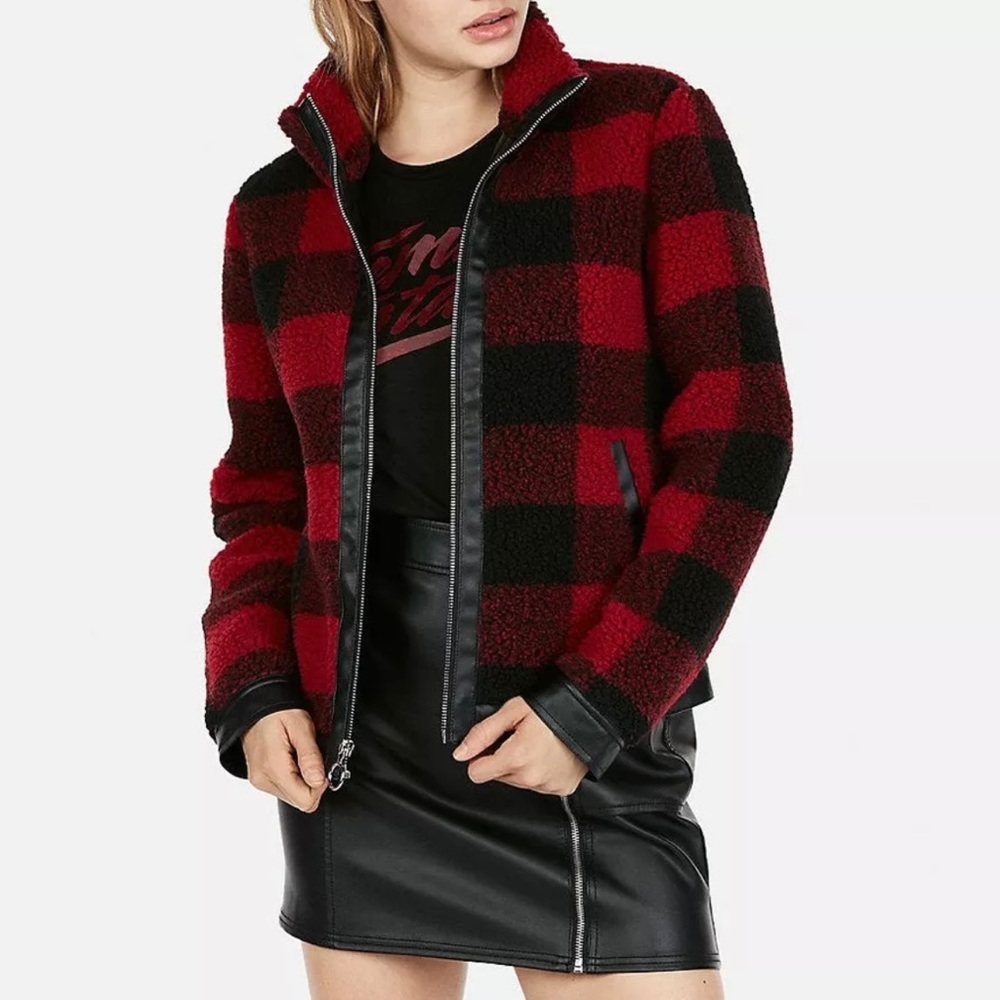 Express Buffalo Plaid Shearling Moto Jacket